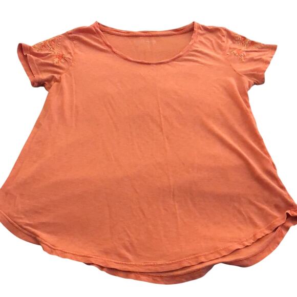 Lucky Brand Light Orange Knit Top Woman Size Large Embroidered Short Sleeve - Picture 3 of 7
